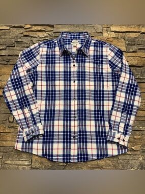 LL Bean Relaxed Fit Flannel Shirt Men's XL Plaid Button Down White Blue Casual